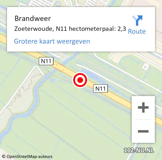 Locatie op kaart van de 112 melding: Brandweer Zoeterwoude, N11 hectometerpaal: 2,3 op 12 april 2025 13:46