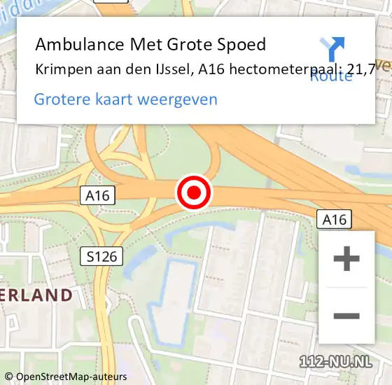 Locatie op kaart van de 112 melding: Ambulance Met Grote Spoed Naar Krimpen aan den IJssel, A16 hectometerpaal: 21,7 op 12 april 2025 14:59