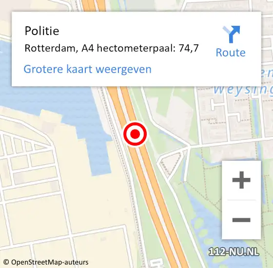 Locatie op kaart van de 112 melding: Politie Rotterdam, A4 hectometerpaal: 74,7 op 12 april 2025 15:31