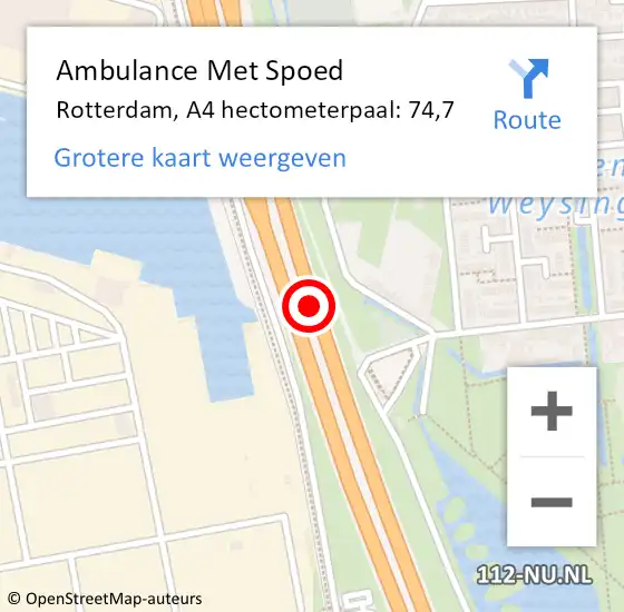 Locatie op kaart van de 112 melding: Ambulance Met Spoed Naar Rotterdam, A4 hectometerpaal: 74,7 op 12 april 2025 15:34