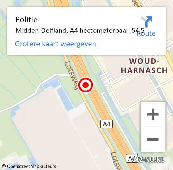 Locatie op kaart van de 112 melding: Politie Midden-Delfland, A4 hectometerpaal: 54,5 op 12 april 2025 16:02