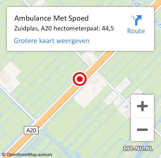 Locatie op kaart van de 112 melding: Ambulance Met Spoed Naar Zuidplas, A20 hectometerpaal: 44,5 op 12 april 2025 16:10