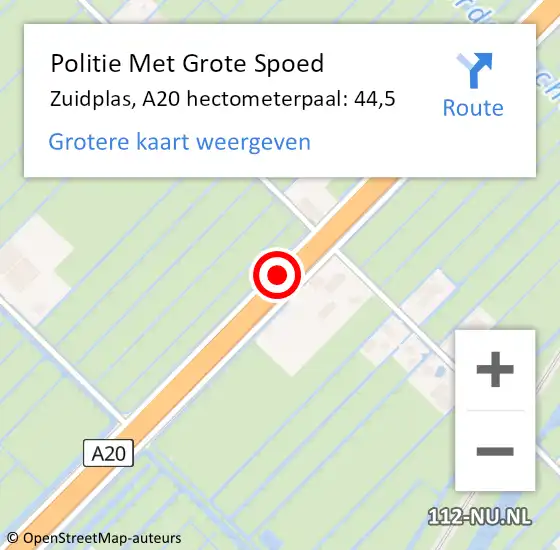 Locatie op kaart van de 112 melding: Politie Met Grote Spoed Naar Zuidplas, A20 hectometerpaal: 44,5 op 12 april 2025 16:11