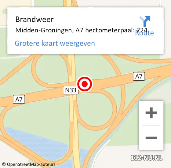 Locatie op kaart van de 112 melding: Brandweer Midden-Groningen, A7 hectometerpaal: 224 op 12 april 2025 17:40