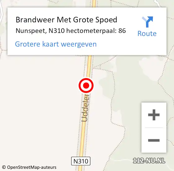 Locatie op kaart van de 112 melding: Brandweer Met Grote Spoed Naar Nunspeet, N310 hectometerpaal: 86 op 12 april 2025 17:59
