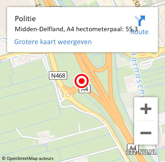 Locatie op kaart van de 112 melding: Politie Midden-Delfland, A4 hectometerpaal: 55,3 op 12 april 2025 20:42