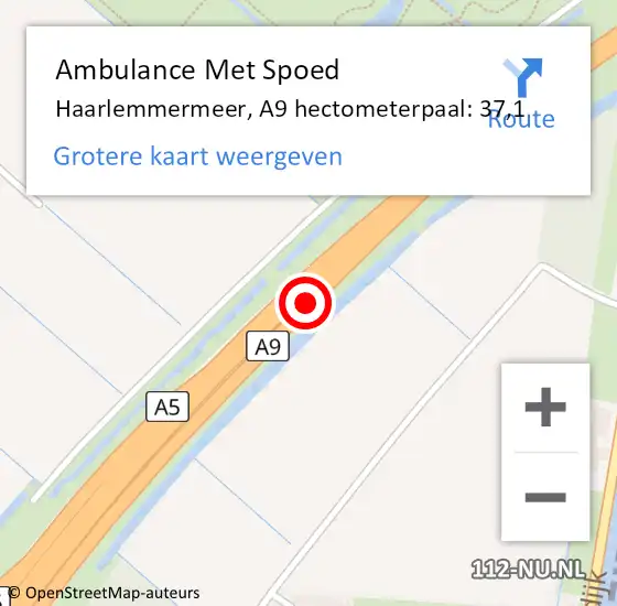 Locatie op kaart van de 112 melding: Ambulance Met Spoed Naar Haarlemmermeer, A9 hectometerpaal: 37,1 op 12 april 2025 22:12