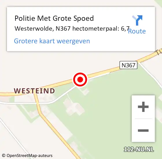 Locatie op kaart van de 112 melding: Politie Met Grote Spoed Naar Westerwolde, N367 hectometerpaal: 6,7 op 12 april 2025 22:30