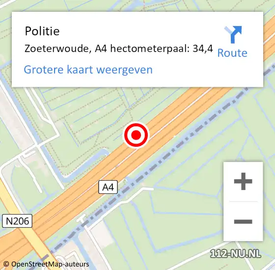 Locatie op kaart van de 112 melding: Politie Zoeterwoude, A4 hectometerpaal: 34,4 op 12 april 2025 22:51