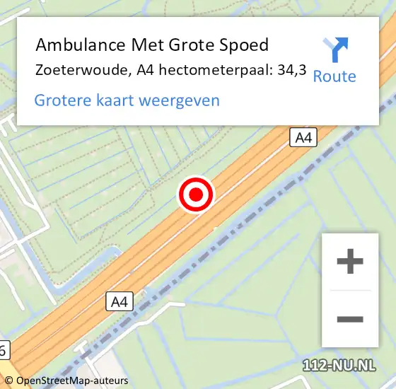 Locatie op kaart van de 112 melding: Ambulance Met Grote Spoed Naar Zoeterwoude, A4 hectometerpaal: 34,3 op 13 april 2025 00:11