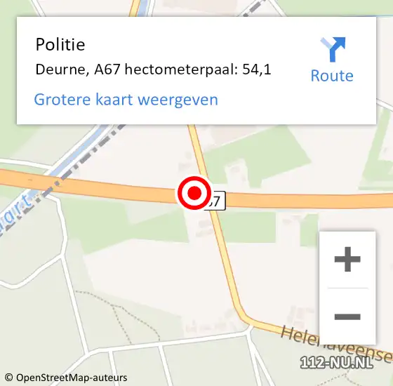 Locatie op kaart van de 112 melding: Politie Deurne, A67 hectometerpaal: 54,1 op 13 april 2025 00:31