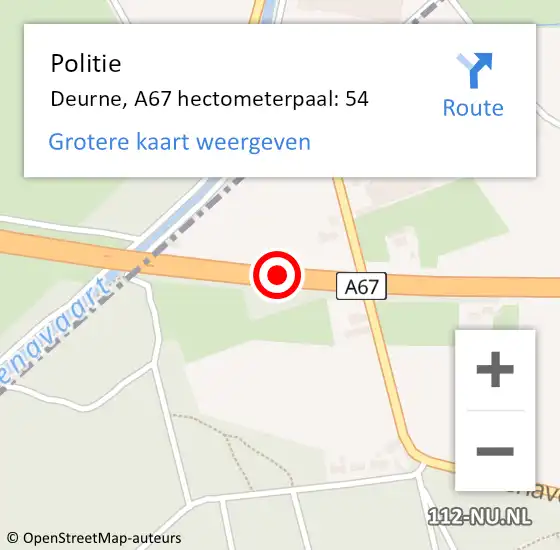 Locatie op kaart van de 112 melding: Politie Deurne, A67 hectometerpaal: 54 op 13 april 2025 00:32