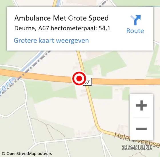 Locatie op kaart van de 112 melding: Ambulance Met Grote Spoed Naar Deurne, A67 hectometerpaal: 54,1 op 13 april 2025 00:58