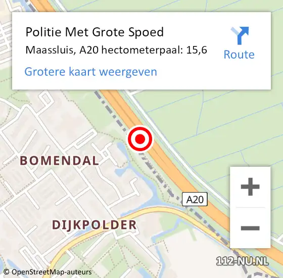 Locatie op kaart van de 112 melding: Politie Met Grote Spoed Naar Maassluis, A20 hectometerpaal: 15,6 op 13 april 2025 02:10