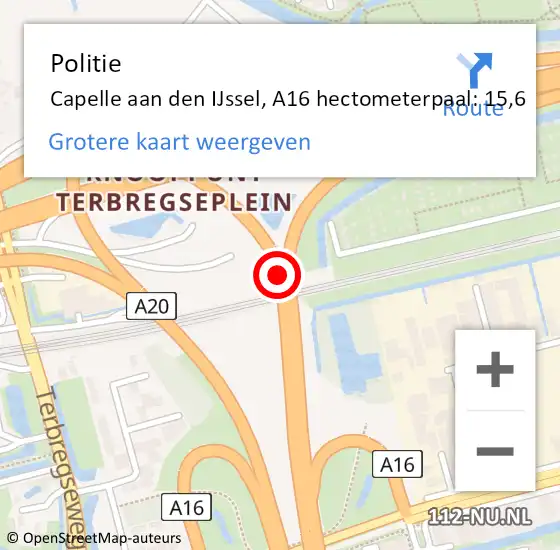 Locatie op kaart van de 112 melding: Politie Capelle aan den IJssel, A16 hectometerpaal: 15,6 op 13 april 2025 02:17