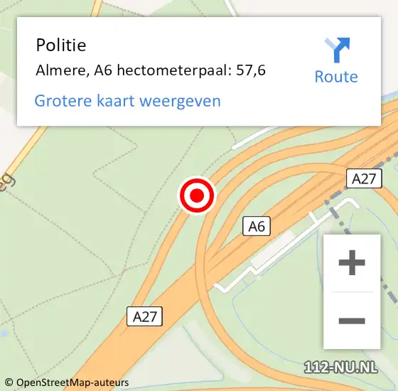 Locatie op kaart van de 112 melding: Politie Almere, A6 hectometerpaal: 57,6 op 13 april 2025 02:49
