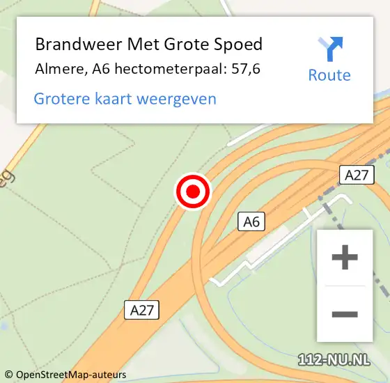 Locatie op kaart van de 112 melding: Brandweer Met Grote Spoed Naar Almere, A6 hectometerpaal: 57,6 op 13 april 2025 02:50