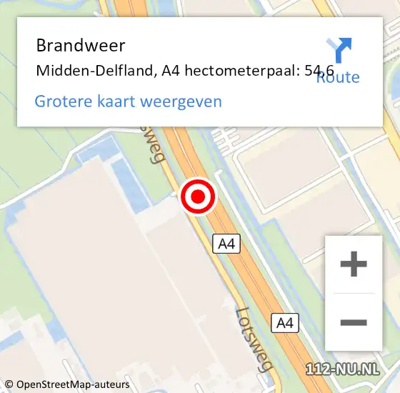 Locatie op kaart van de 112 melding: Brandweer Midden-Delfland, A4 hectometerpaal: 54,6 op 13 april 2025 03:21