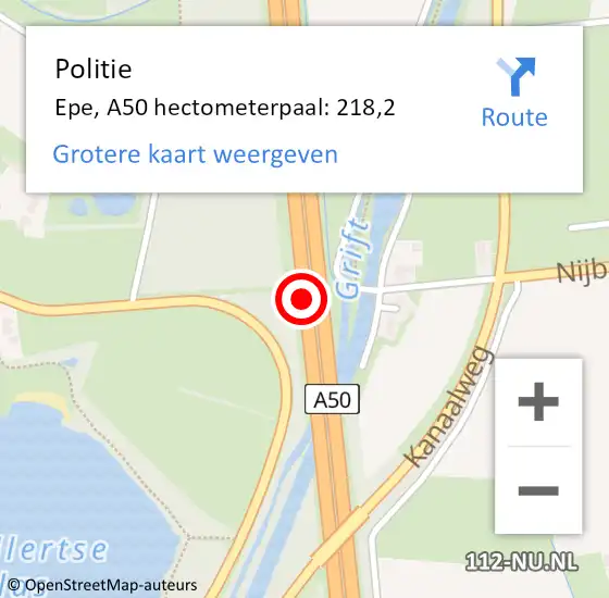 Locatie op kaart van de 112 melding: Politie Epe, A50 hectometerpaal: 218,2 op 13 april 2025 05:16