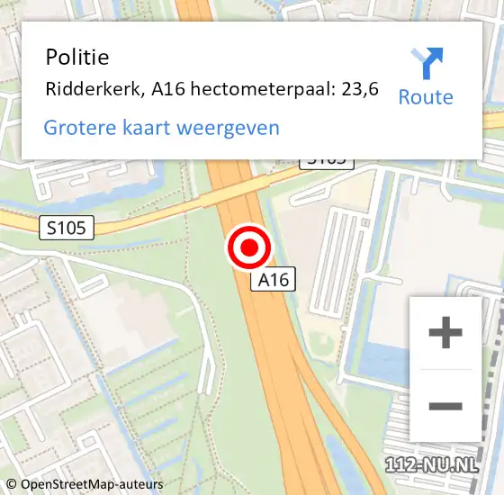 Locatie op kaart van de 112 melding: Politie Ridderkerk, A16 hectometerpaal: 23,6 op 13 april 2025 06:30