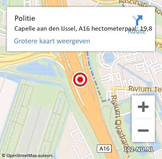 Locatie op kaart van de 112 melding: Politie Capelle aan den IJssel, A16 hectometerpaal: 19,8 op 13 april 2025 07:39