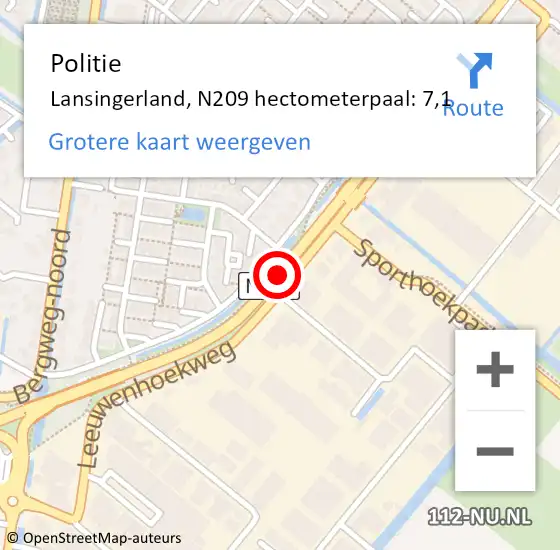 Locatie op kaart van de 112 melding: Politie Lansingerland, N209 hectometerpaal: 7,1 op 13 april 2025 11:34