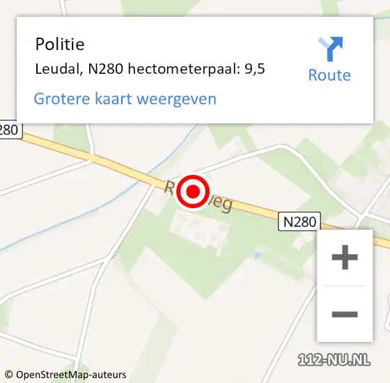 Locatie op kaart van de 112 melding: Politie Leudal, N280 hectometerpaal: 9,5 op 13 april 2025 11:46
