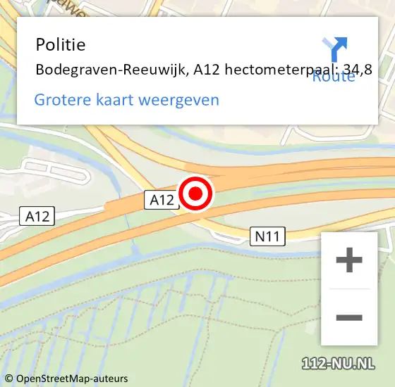 Locatie op kaart van de 112 melding: Politie Bodegraven-Reeuwijk, A12 hectometerpaal: 34,8 op 13 april 2025 12:40