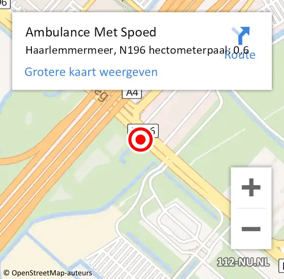 Locatie op kaart van de 112 melding: Ambulance Met Spoed Naar Haarlemmermeer, N196 hectometerpaal: 0,6 op 13 april 2025 12:59