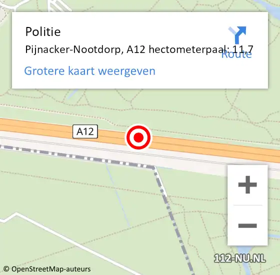 Locatie op kaart van de 112 melding: Politie Pijnacker-Nootdorp, A12 hectometerpaal: 11,7 op 13 april 2025 13:21