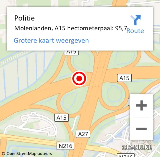 Locatie op kaart van de 112 melding: Politie Molenlanden, A15 hectometerpaal: 95,7 op 13 april 2025 13:38