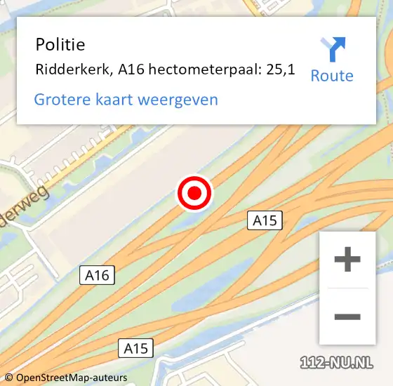 Locatie op kaart van de 112 melding: Politie Ridderkerk, A16 hectometerpaal: 25,1 op 13 april 2025 13:40