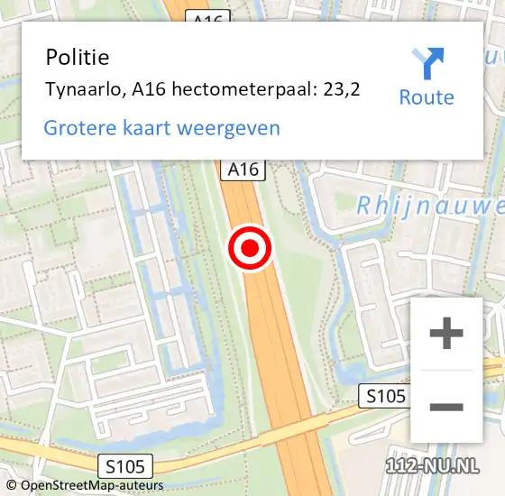 Locatie op kaart van de 112 melding: Politie Ridderkerk, A16 hectometerpaal: 23,2 op 13 april 2025 17:02