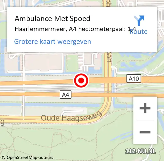 Locatie op kaart van de 112 melding: Ambulance Met Spoed Naar Haarlemmermeer, A4 hectometerpaal: 1,4 op 13 april 2025 17:05