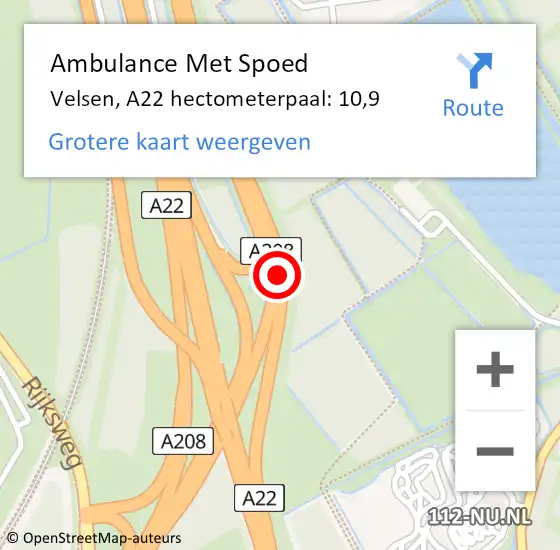 Locatie op kaart van de 112 melding: Ambulance Met Spoed Naar Velsen, A22 hectometerpaal: 10,9 op 13 april 2025 19:23