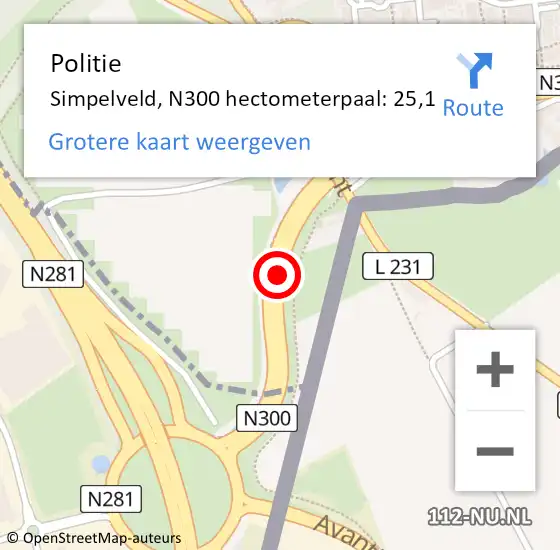 Locatie op kaart van de 112 melding: Politie Simpelveld, N300 hectometerpaal: 25,1 op 13 april 2025 20:09