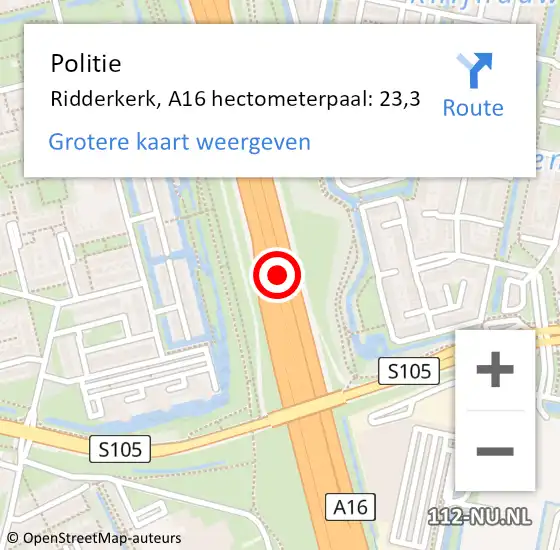 Locatie op kaart van de 112 melding: Politie Ridderkerk, A16 hectometerpaal: 23,3 op 13 april 2025 21:12