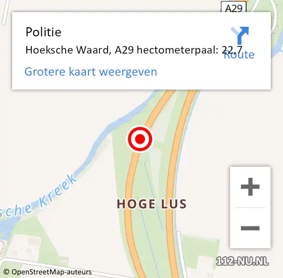 Locatie op kaart van de 112 melding: Politie Hoeksche Waard, A29 hectometerpaal: 22,7 op 13 april 2025 21:13