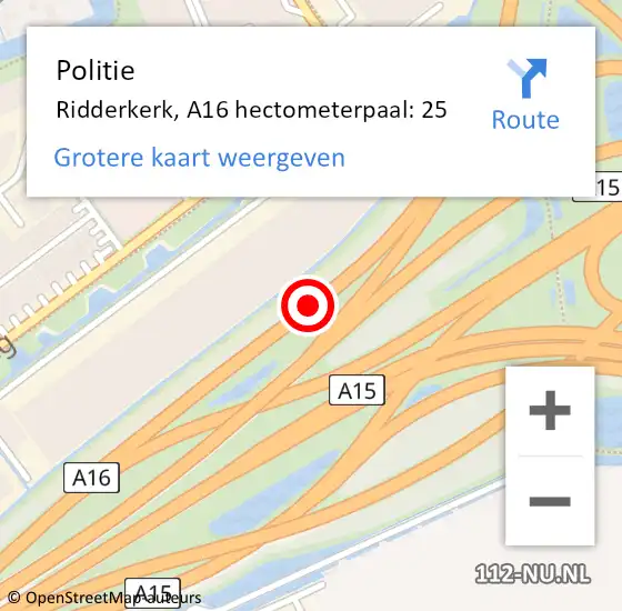 Locatie op kaart van de 112 melding: Politie Ridderkerk, A16 hectometerpaal: 25 op 13 april 2025 21:16