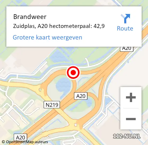 Locatie op kaart van de 112 melding: Brandweer Zuidplas, A20 hectometerpaal: 42,9 op 13 april 2025 21:16