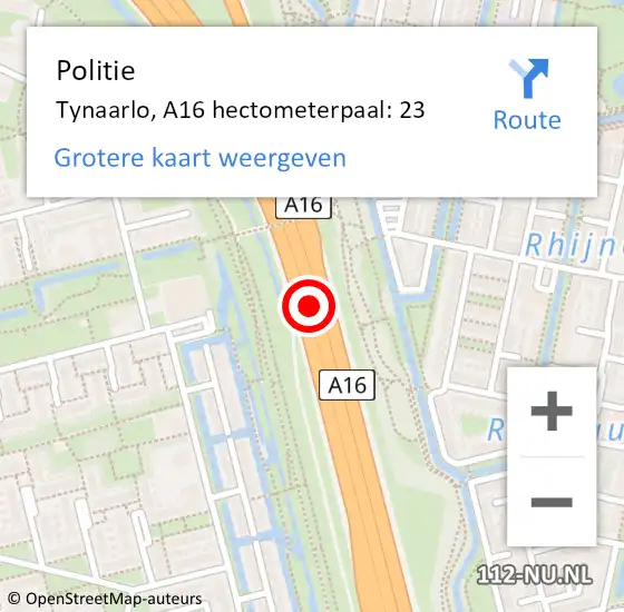 Locatie op kaart van de 112 melding: Politie Ridderkerk, A16 hectometerpaal: 23 op 13 april 2025 21:26