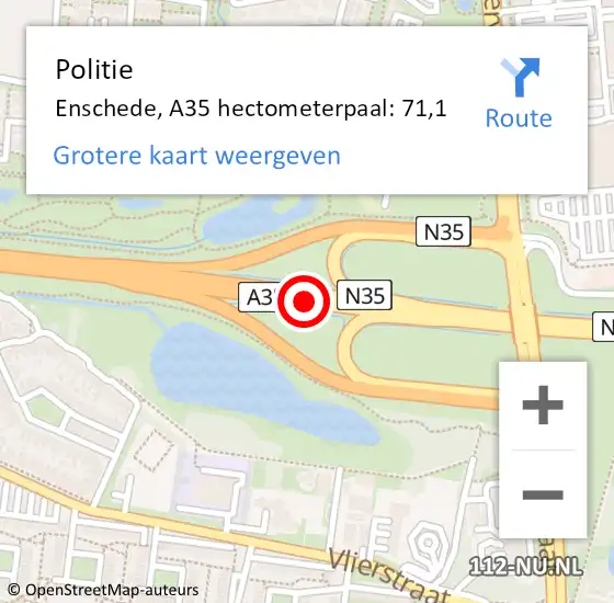 Locatie op kaart van de 112 melding: Politie Enschede, A35 hectometerpaal: 71,1 op 13 april 2025 21:33