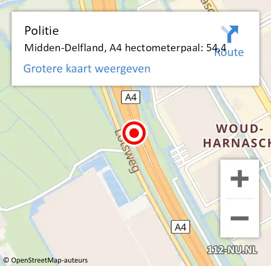 Locatie op kaart van de 112 melding: Politie Midden-Delfland, A4 hectometerpaal: 54,4 op 13 april 2025 22:45