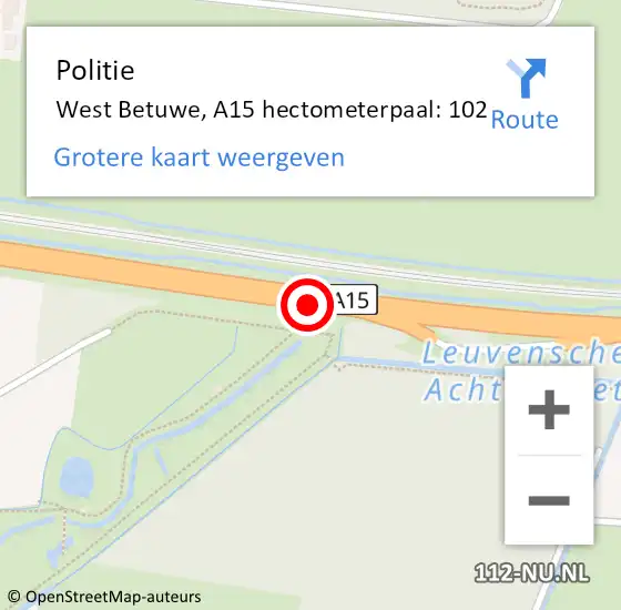 Locatie op kaart van de 112 melding: Politie West Betuwe, A15 hectometerpaal: 102 op 13 april 2025 23:41