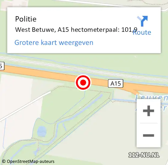 Locatie op kaart van de 112 melding: Politie West Betuwe, A15 hectometerpaal: 101,9 op 13 april 2025 23:42