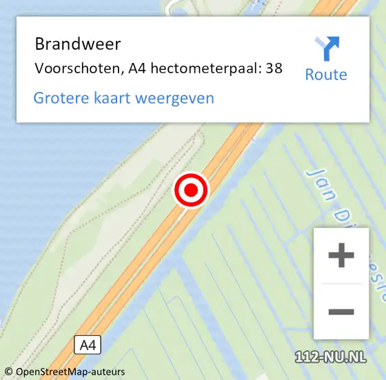 Locatie op kaart van de 112 melding: Brandweer Voorschoten, A4 hectometerpaal: 38 op 14 april 2025 01:24