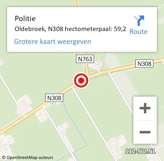 Locatie op kaart van de 112 melding: Politie Oldebroek, N308 hectometerpaal: 59,2 op 14 april 2025 06:16