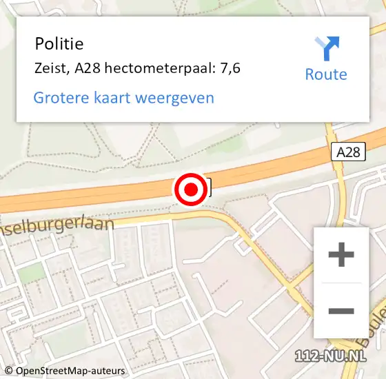 Locatie op kaart van de 112 melding: Politie Zeist, A28 hectometerpaal: 7,6 op 14 april 2025 08:18