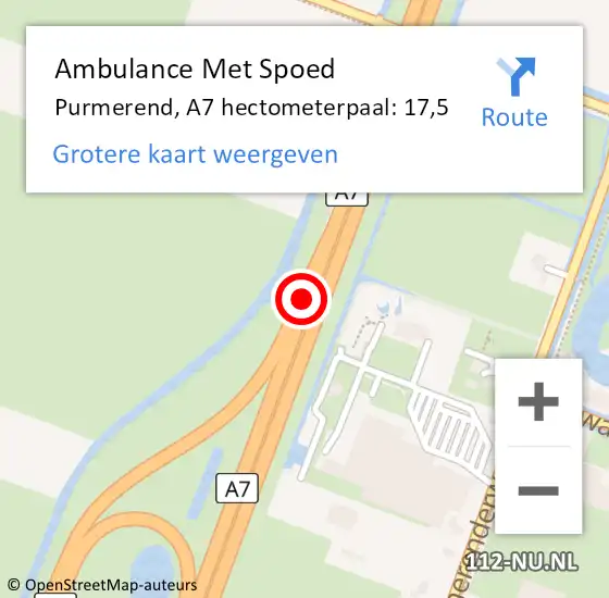 Locatie op kaart van de 112 melding: Ambulance Met Spoed Naar Purmerend, A7 hectometerpaal: 17,5 op 14 april 2025 08:28
