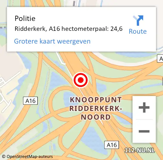 Locatie op kaart van de 112 melding: Politie Ridderkerk, A16 hectometerpaal: 24,6 op 14 april 2025 10:36